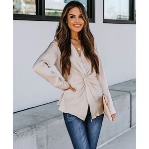 VICI Collection | Josephine Satin Collared Twist Blouse | Taupe | Size Large |